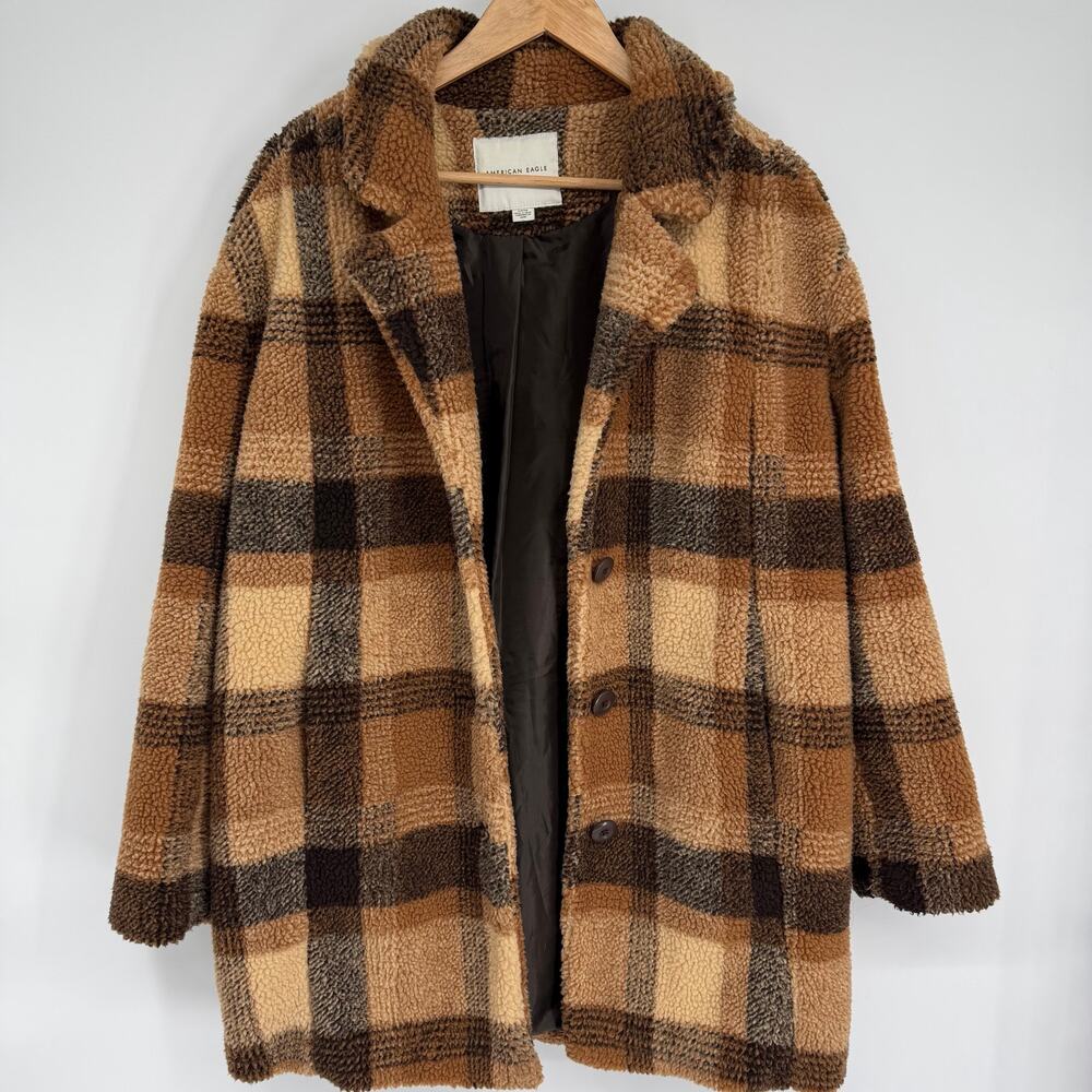 American Eagle Teddy Jacket Women’s Small Brown Plaid Heritage Preppy Classic‎